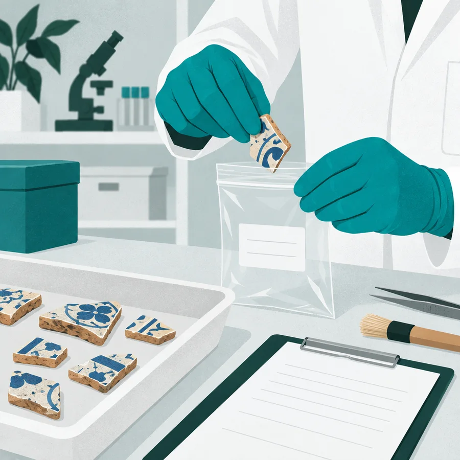 Illustration: Handschuh legt Materialstück in beschrifteten Probenbeutel neben Klemmbrett